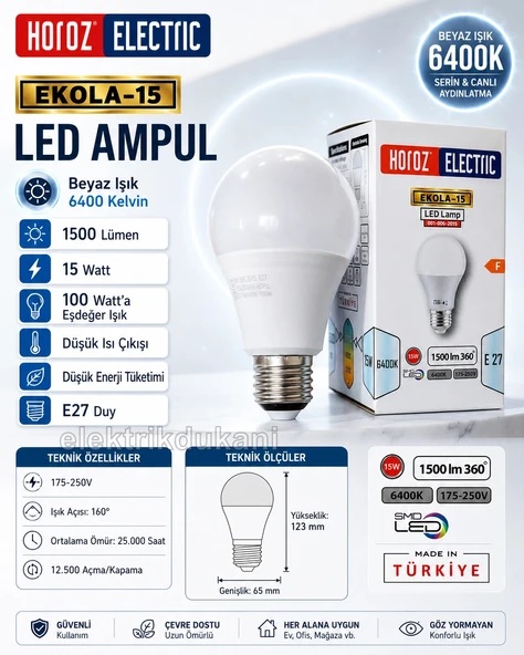 HOROZ Ekola-15 E-27 15w Led Ampul BEYAZ Işık 6400k 1500lm 220 Volt (15w Tüketim 100w Değerinde ışık) ürün görseli 1
