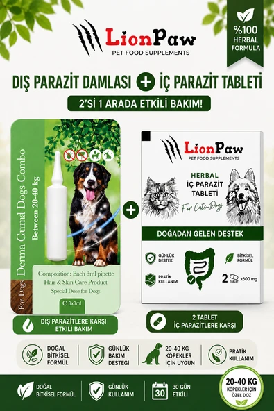 2'li Set 20-40 kg Köpekler Için Bitkisel Iç Tablet Dış Ense Bitkisel Damla Seti - 1 Damla 2 Tablet ürün görseli 1