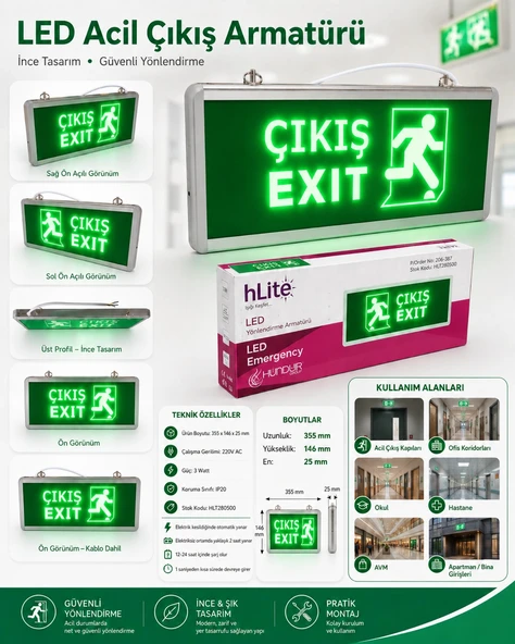 HLİTE Exıt Çıkış Şarjlı Yönlendirme Armatürü Levhası 3w 220v IP20 ürün görseli 1