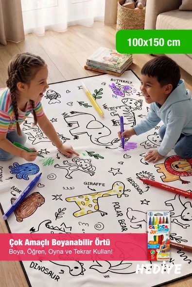 Sevimli Hayvanlar Temalı 100X150 CM Boyutlu boyanabilir Çok Amaçlı Örtü Oyun Halısı - Yıkanabilir Boya Hediyeli ürün görseli 1