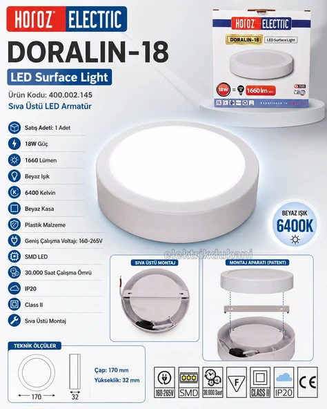 HOROZ Doralin-18 18w Yuvarlak BEYAZ 6400k Sıva Üstü Led Panel Spot Armatür Beyaz Plastik Kasa IP20 18 Watt 220 Volt ürün görseli 1