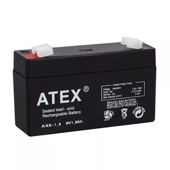 Atex AX6-1.3 6 Volt 1.3 Amper Kuru Akü (98mm x 25mm x 52mm) ürün görseli 1