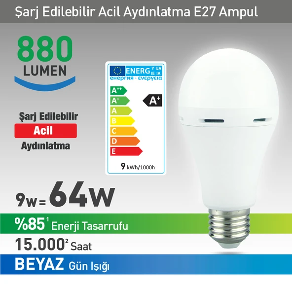NextLed YE-E27-9WB 9 Watt Pilli Beyaz Şarjlı Ampul Led ürün görseli 1