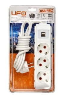 Ufo UFO0009B-USB 1.5 Metre 2 USB Li 3 Lü Anahtarlı Akım Korumalı Priz Beyaz ürün görseli 1