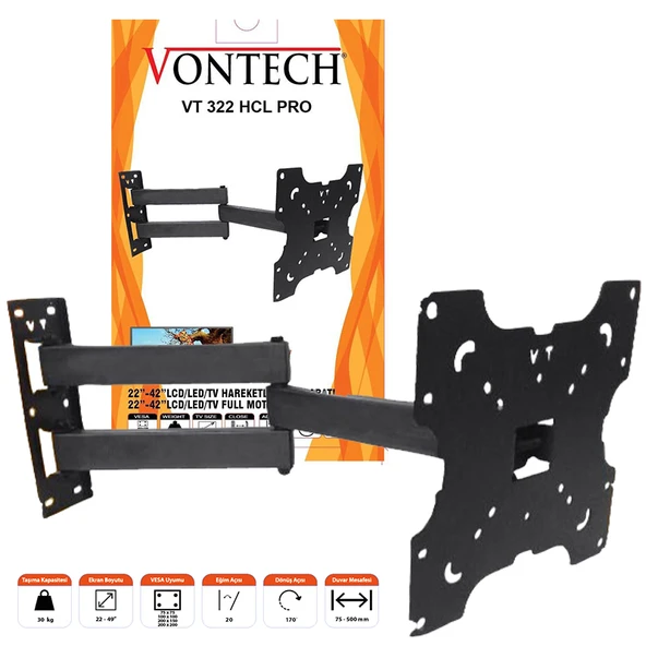 Vontech VT-322HCL Pro 32" Hareketli Lcd/Led Tv Askı Aparatı ürün görseli 1