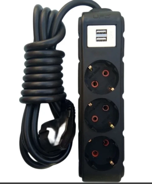Ufo UFO0009-USB 1.5 Metre 2 USB Li 3 Lü Anahtarlı Akım Korumalı Priz Siyah ürün görseli 1