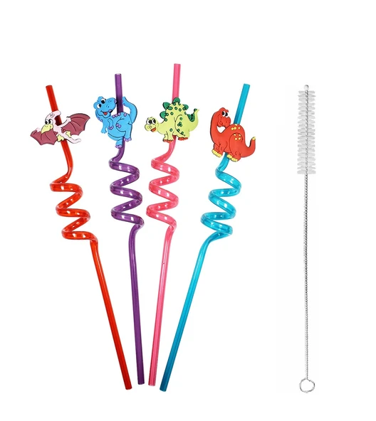 5 Parça Renkli Pipet Seti - Emojili Spiral Kokteyl- Çocuk Pipeti Temizleme Fırçalı ürün görseli 1