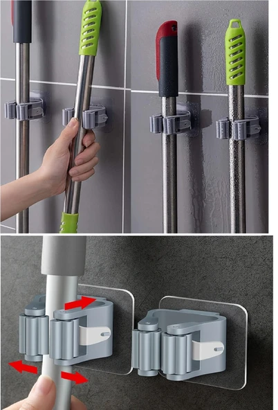 3 Lü Renkli  Yapışkanlı Mop Fırça Çek pas Sap Tutucu Organizer Mutfak Banyo Düzenleyici ürün görseli 1