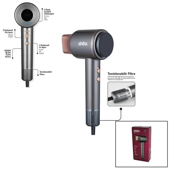 SİNBO SHD-1717 BLDC TURBO MOTOR TOKMAK MODEL SAÇ KURUTMA MAKİNESİ 1600W 2-KDM.HIZ 3-KDM.SICAKLIK YAPIŞKANLI ASKI ürün görseli 1