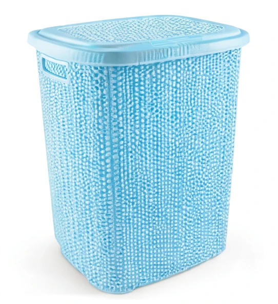 Kirli Çamaşır Sepeti Kapaklı 65 LT Örgü Desenli Plastik Çamaşır Sepeti Banyo Sepeti - Mavi ürün görseli 1