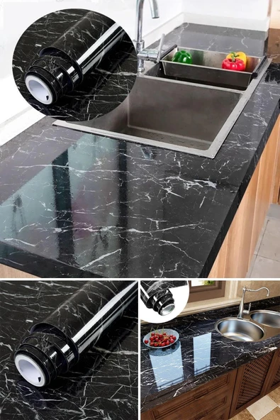 Siyah Yapışkanlı Kaplama Kağıdı Mermer Desenli Büyük Boy 5 Metre ürün görseli 1
