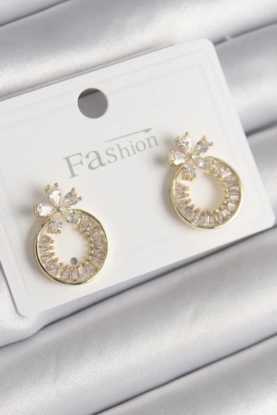Pirinç Gold Renk Zirkon Taşlı Halka Model Çiçek Figür Kadın Küpe ürün görseli 1