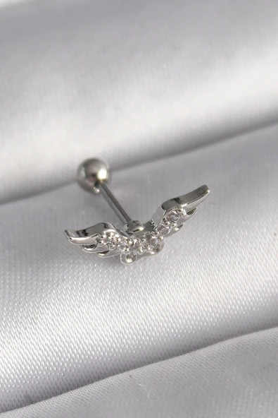316L Çelik Gümüş Renk Zirkon Taş Detay Kanat Model Tragus Piercing ürün görseli 1