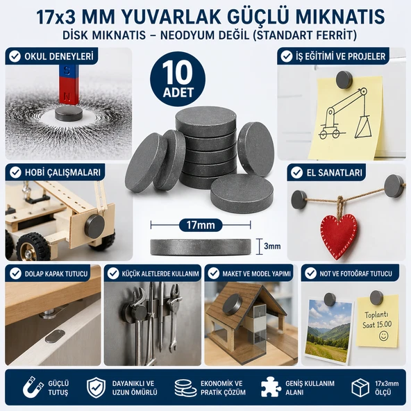 10 Adet Mıknatıs 17x3 mm Yuvarlak Güçlü Mıknatıs Disk Mıknatıs ürün görseli 1