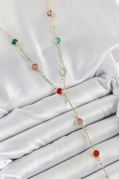 Pirinç Asorti Model Gold Renk Zirkon Taşlı Y Kolye ürün görseli 1