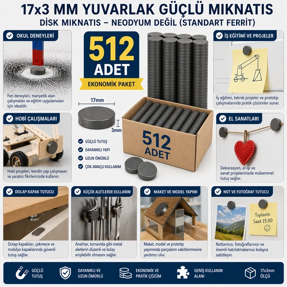 512 Adet Mıknatıs 17x3 mm Yuvarlak Güçlü Mıknatıs Disk Mıknatıs ürün görseli 1