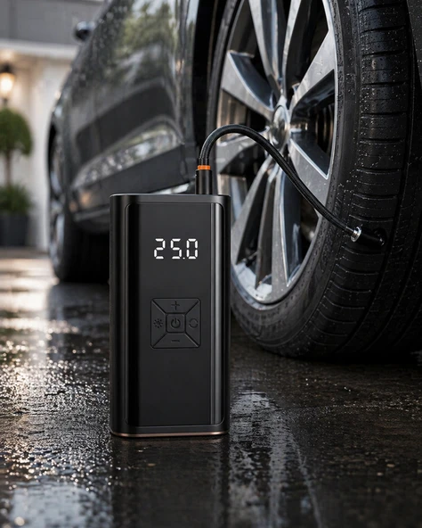 Kablosuz Lastik Şişirme Kompresörü Dijital Ekranlı Powerbank Özellikli Hava Pompası ürün görseli 1