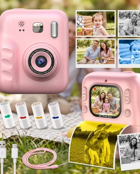 Çocuk Dijital Fotoğraf Makinesi Anında Baskı ve HD Video Kayıt Özellikli 5 kalem ve 4 rulo kağıt hediye ürün görseli 1