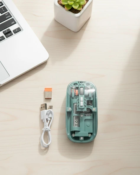 Bluetooth ve 2.4G USB Destekli Pilli Kablosuz Şeffaf Mouse ürün görseli 1