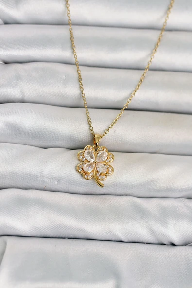 316L Çelik Zincir Gold Renk 4 Yapraklı Yonca Model Kadın Kolye ürün görseli 1