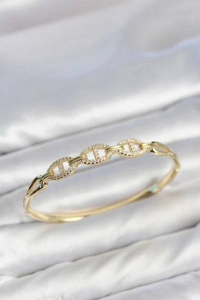 Gold Renk Gemi Zinciri Model Zirkon Taşlı Kadın Kelepçe Bileklik ürün görseli 1