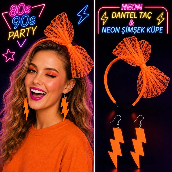 Neon Turuncu Dantel Taç ve Şimşek Küpe 80'ler 90'lar Parti Seti ürün görseli 1