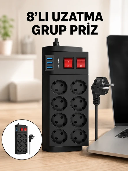 Termal Korumalı 8 Prizli 3 USB’li Uzatma Kablosu Yeni Nesil ürün görseli 1