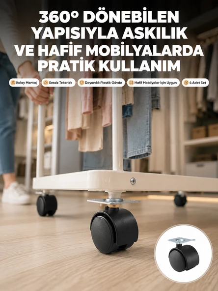 4 cm Kilitsiz Tekerlek Ayak Seti Zemin Koruyucu ürün görseli 1
