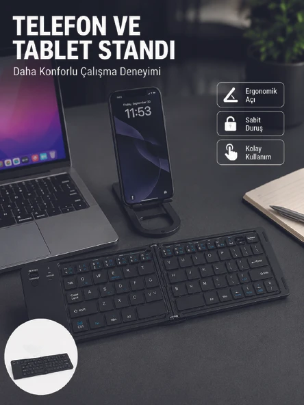 Bluetooth Katlanabilir Klavye USB-C Şarjlı 3 Cihaz Bağlantılı Taşınabilir Klavye ürün görseli 1
