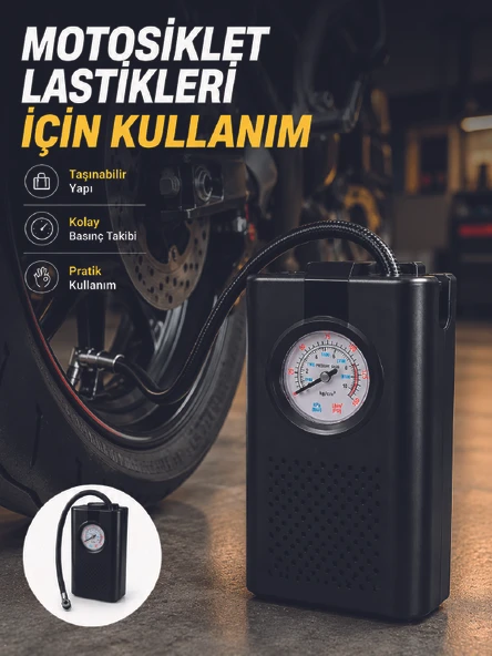 Araç Lastik Şişirme Pompası Taşınabilir Analog Basınç Göstergeli Hava Kompresörü ürün görseli 1