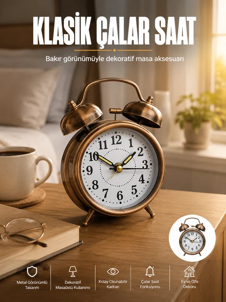 Metal Bronz Nostaljik Masa Saati Alarmlı Büyük Boy Sessiz Mekanizmalı ürün görseli 1