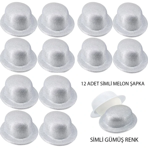 Gümüş Renk Simli Melon Yuvarlak Parti Şapkası 12 Adet ürün görseli 1
