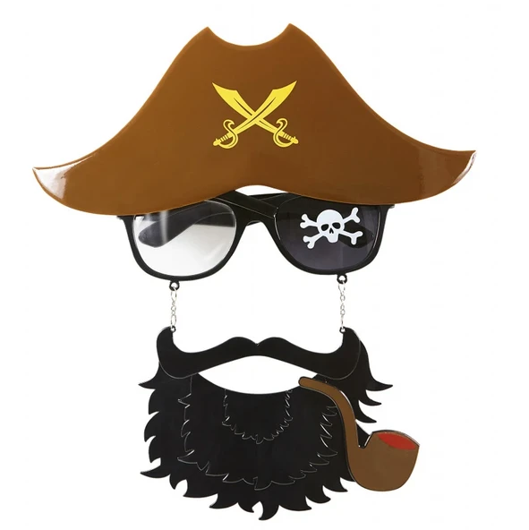 Kahve Renk Şapkalı Siyah Sakallı Pipolu Jack Sparrow Denizci Korsan Gözlüğü 24x25 cm ürün görseli 1