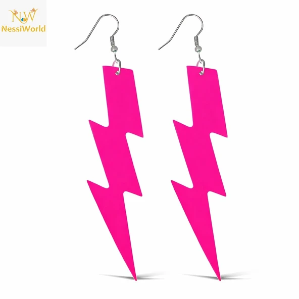 80’ler 90'lar Retro Neon Pembe Şimşek Küpe 10 cm ürün görseli 1
