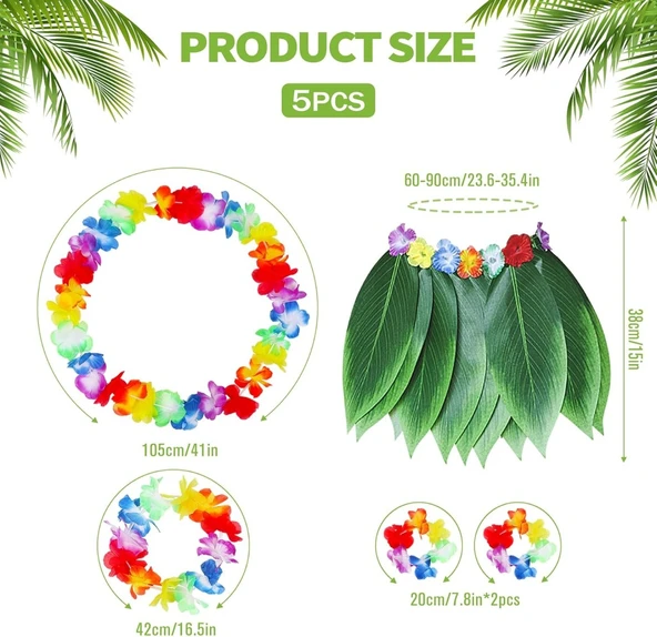 Çocuk Hawaii Kostüm Seti - Yaprak Etek & Hawaii Set - 5 Parça ürün görseli 1