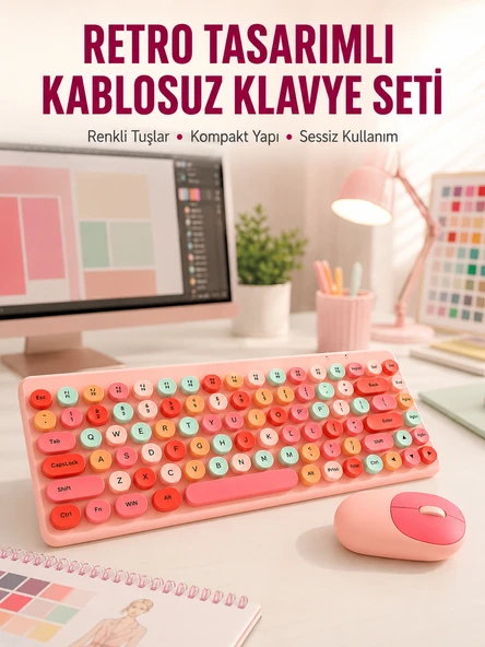 Renkli Retro Tuş Takımlı Klavye – 3 Cihaz Bağlantısı, Medya Kısayol Tuşları Yeni Nesil ürün görseli 1