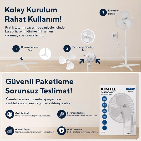 Kumtel KTF-290 Beyaz 16 İnç Ayaklı Vantilatör 40 W,3 Kanatlı, 3 Pervaneli, 120 cm Ayarlanabilir Yükseklik ürün görseli 1