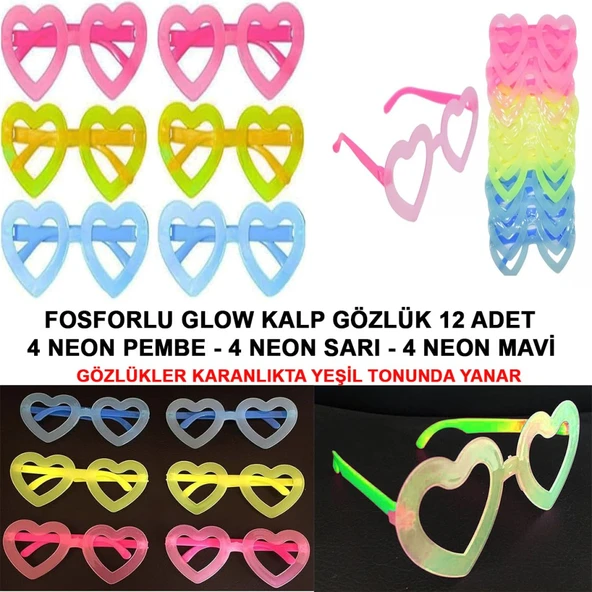 Fosforlu Kalp Gözlük 12 Adet – 80’ler 90’lar Parti Stili ürün görseli 1