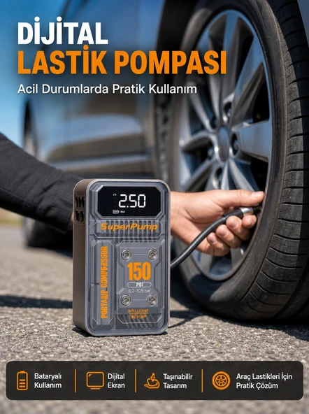 Mey İthalat® 150 PSI Kablosuz Dijital Ekranlı Taşınabilir Araç Lastik Pompası ürün görseli 1