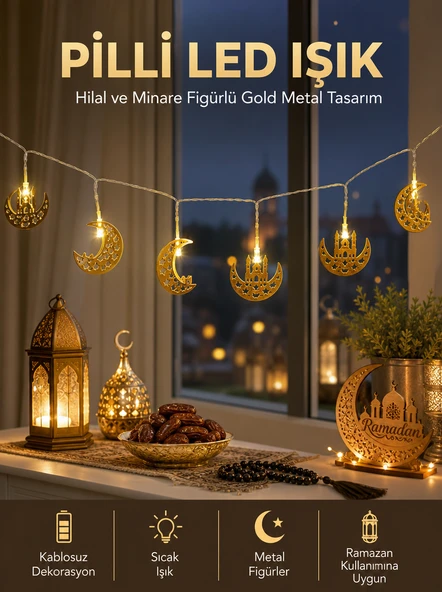 Pilli Minareli Hilal LED Işık Gold Metal Ramazan Dekorasyonu ürün görseli 1