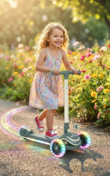 3 Tekerlekli LED Işıklı Müzikli Katlanabilir Boyu Ayarlanabilir 3 Yükseklik Ayarlı Çocuk Scooter'ı ürün görseli 1