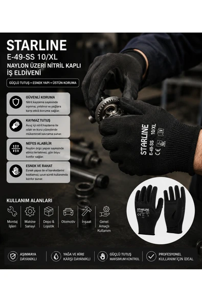 E-49-SS 10/XL Siyah Nitril Kaplı İş Eldiveni – Kaymaz, Yağ ve Aşınmaya Dayanıklı, Esnek Profesyonel Koruyucu Eldiven (12 Çift) ürün görseli 1