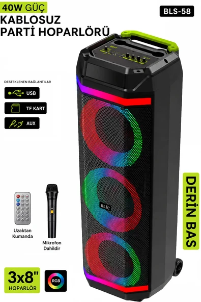 Büyük Boy Bluetooth Hoparlör 40W 3x8" RGB LED Kablosuz Mikrofonlu Karaoke Hoparlör Parti Ses Sistemi ürün görseli 1