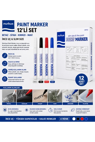 Paint Marker İnce Uç Yağ Bazlı Permanent Boya Kalemi 12'li Set (Beyaz, Siyah, Kırmızı, Mavi) ürün görseli 1