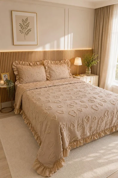 Çeyiz Diyarı Ruffle Pure Love 3 Parça Çift Kişilik Pike Takımı Bej ürün görseli 1