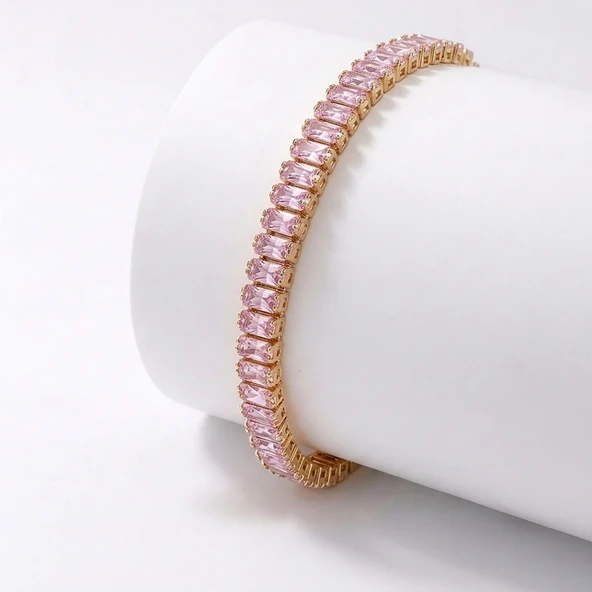 ? Premium Parlak 5mm Pembe Zirkon Taşlı Su Yolu Kadın Bijuteri Bileklik 3183KBV4D1 (~18cm Altın Renk) ürün görseli 1