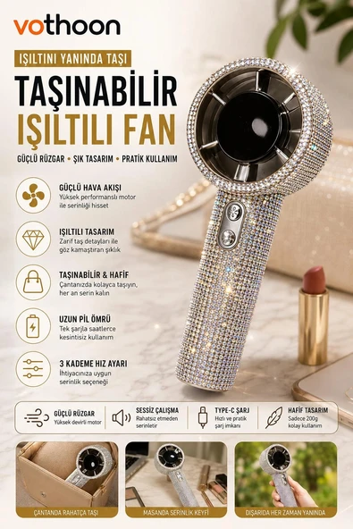 Taşınabilir Fan Kristal Yapay Elmas El Vantilatörü Mini Kişisel El Tipi Fan Işıltılı Soğutma Küçük Fan ürün görseli 1