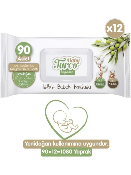 Baby Turco Doğadan Yenidoğan 90 Yaprak 12'li Paket Islak Mendil ürün görseli 1