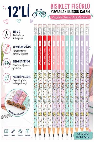 Bisiklet Silgili Kurşun Kalem 12 Adet Faber Castell Yuvarlak Gövdeli Siyah Kurşun Kalem Yumuşak Yazım Kolay Tutuş Kalite ürün görseli 1