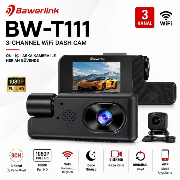 Bawerlink BW-T111 3 Kanal WiFi Araç Kamerası 2.0" IPS Ekran Ön 1280x720P + İç + Arka Kamera Gece Görüşlü G-Sensör ürün görseli 1